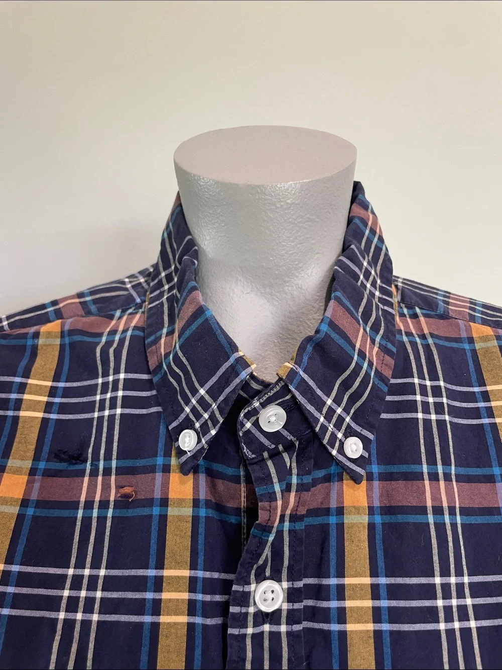 J. Crew Navy Plaid Button-Down Shirt with Yellow and Rust Stripes 100% cotton.